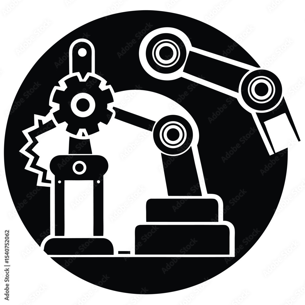 Industrial robotic arm and gear system icon Industrial robotic arm and gear system icon