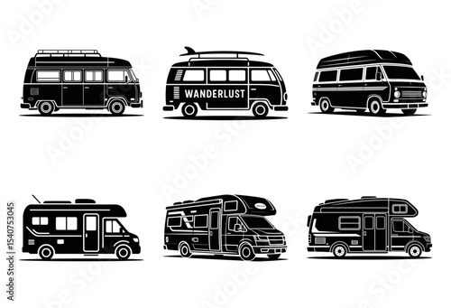 Six camper van silhouettes isolated on white background