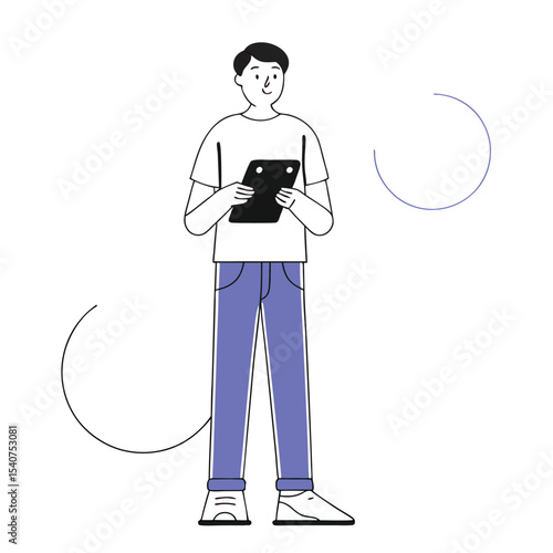 Standing, a young man holds a tablet, ready to interact with the digital interface