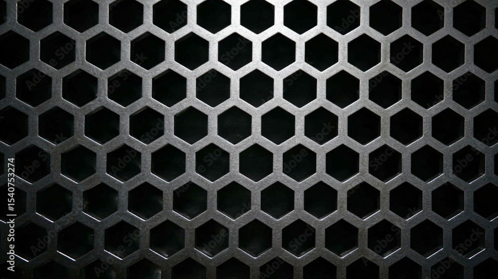 Metallic Honeycomb Grid Design Abstract Geometric Pattern Modern Industrial Texture Steel Hexagon Structure Unique Background Element Architectural Surface Artful Backdrop
