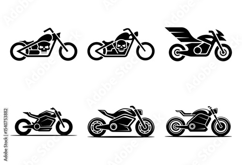 Six motorcycle silhouettes isolated on white background