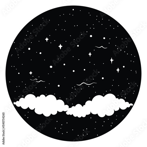 Night sky clouds and stars circle design