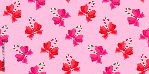 Seamless design cute red, pink bows and sweet candy canes on a pastel pink backdrop, a joyful holiday theme. Perfect for digital, crafts, and festive decor projects