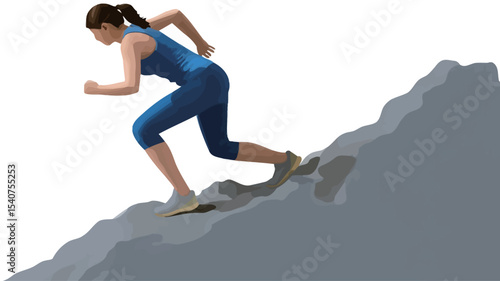 The image is a vector illustration depicting a woman running uphill.  The woman is rendered in a stylized, slightly cartoonish manner with smooth lines and flat coloring. She is wearing a blue