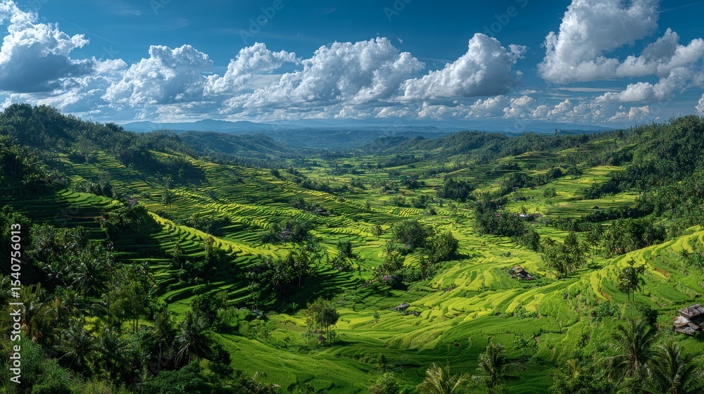 Fototapeta premium Lush Green Rice Terraces Under a Bright Summer Sky—Vibrant Natural Landscape