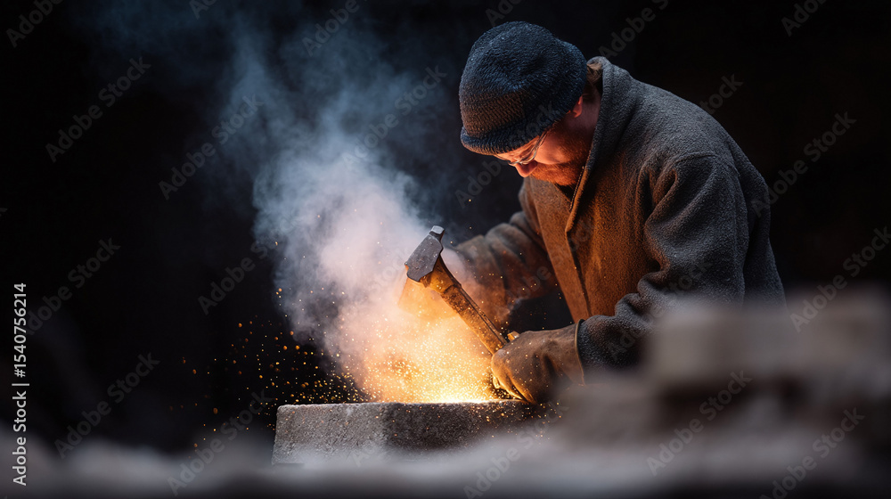 Craftsman forging metal with hammer, sparks flying in a dark workshop. Symbol of hard work, dedication, and skill. Great for industry, manufacturing, history. Craftsman forging metal with hammer, sparks flying in a dark workshop. Symbol of hard work, dedication, and skill. Great for industry, manufacturing, history.