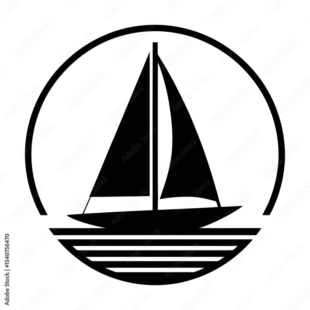 Fototapeta premium Sailboat in circle silhouette isolated on white background