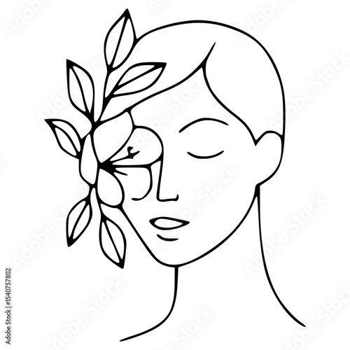Beauty Woman Face with Floral Leaf Line Art