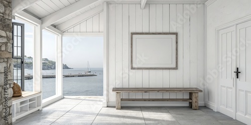 Coastal Home Interior with Empty Frame Mockup, Seaside , Mockup