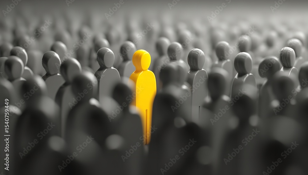 Obraz premium Embracing Uniqueness A bright yellow figure stands out courageously in a sea of gray with shallow