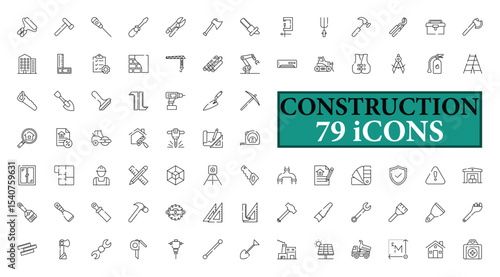 CONSTRUCTION icon collection, with editable stroke. CONSTRUCTION thin line icon set. Vector illustration.