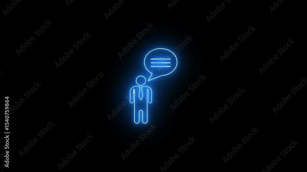 Animated neon illustration of a business person icon with a speech bubble representing communication and sharing ideas on a dark background Animated neon illustration of a business person icon with a speech bubble representing communication and sharing ideas on a dark background