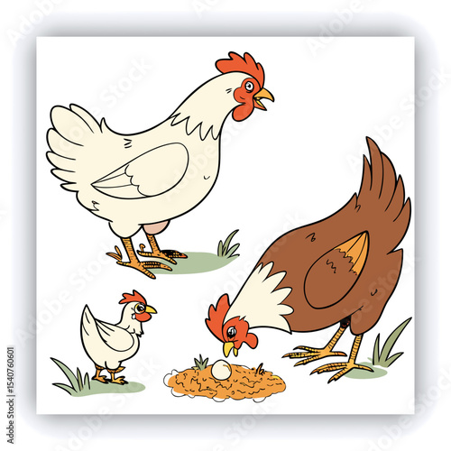 A mature, gray and white turkey hen is centered in a nest of straw. She is brooding over three eggs, with two small, light yellow chicks visible near the eggs. The turkey is positioned in a slightly c