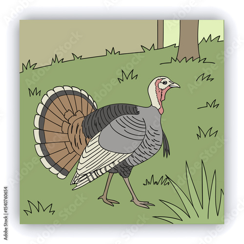 A mature, gray and white turkey hen is centered in a nest of straw. She is brooding over three eggs, with two small, light yellow chicks visible near the eggs. The turkey is positioned in a slightly c
