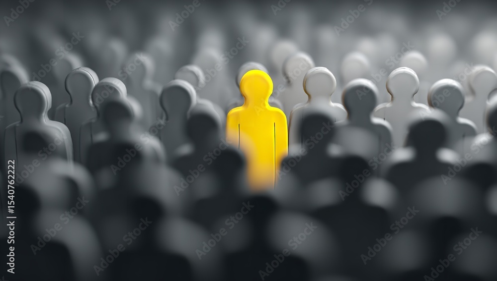 Fototapeta premium Standing out A bold yellow figure amidst a crowd of grey representing individuality and unique