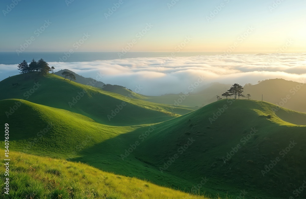 Fototapeta premium Green rolling hills with ocean fog in Marin County California. Scenic landscape, tree silhouette against the blue sky. Nature, travel destination. Calm, peaceful, serene atmosphere.