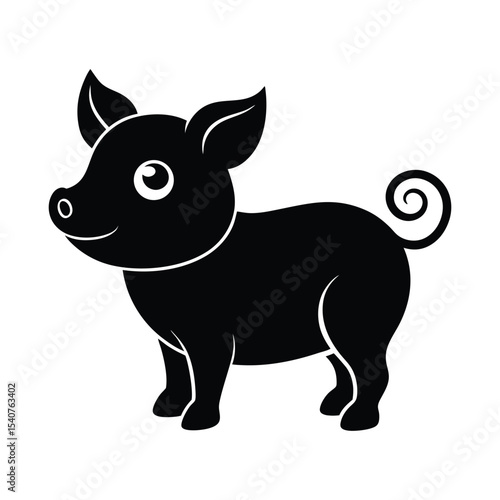 Cute piglet silhouette with curly tail in farmyard theme silhouette illustration