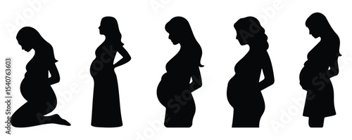 Silhouette sequence showing various stages of pregnancy in women, highlighting maternity, growth, and motherhood