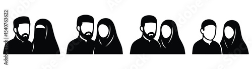 Silhouette of a Muslim couple wearing traditional hijab and kufi, representing Islamic culture, family, and religious identity.
