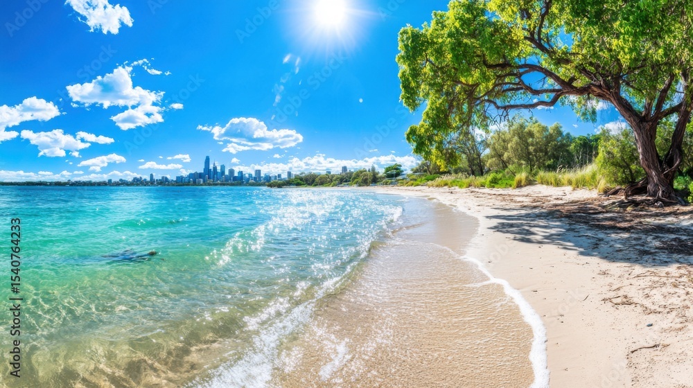beach with a bright blue sky and Australia city landscape in a background
beach with a bright blue sky and Australia city landscape in a background