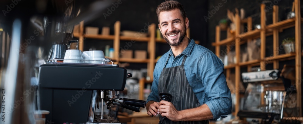 Fototapeta premium The cheerful barista preparing coffee in a cozy café setting.