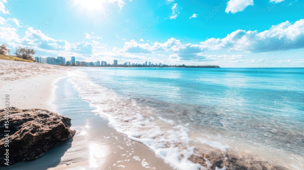 Fototapeta premium beach with a bright blue sky and Australia city landscape in a background 