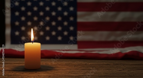 Illuminated Remembrance - A single candle burns brightly, its flame casting a warm glow against the softly draped folds of an American flag. A poignant of remembrance and reflection