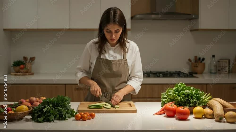 Clean Kitchen Scene with Woman Cooking and Fresh Ingredients
Clean Kitchen Scene with Woman Cooking and Fresh Ingredients