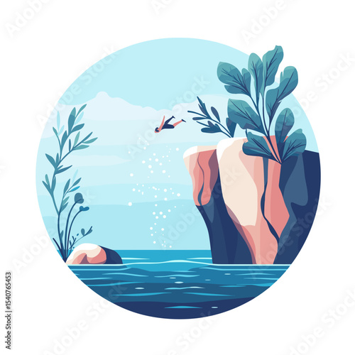 Person diving off a cliff into clear blue water with greenery  