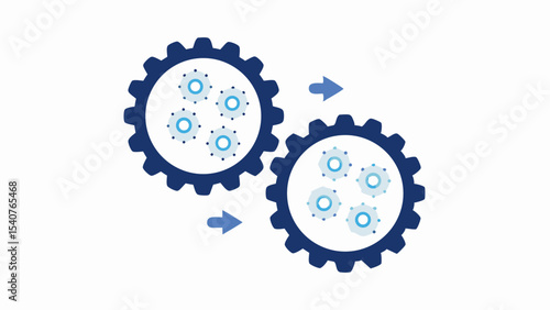 Two interlocking gears with internal circular elements and arrows showing movement process flow diagram