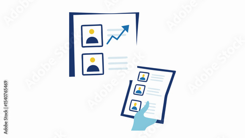 Reviewing candidate profiles with an upward trend and hand holding a document with profiles