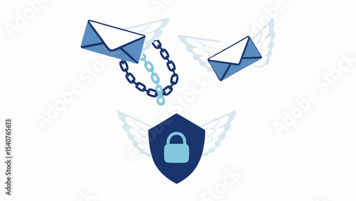 Illustration of flying envelopes with wings and a shield with a padlock for secure email service