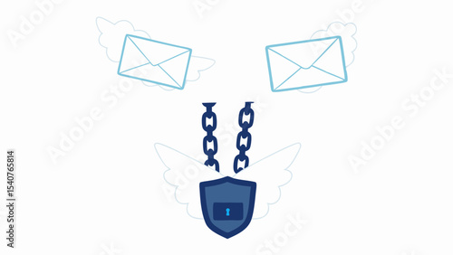 Secure email delivery with chained shield and winged cloud envelopes for data protection concept design