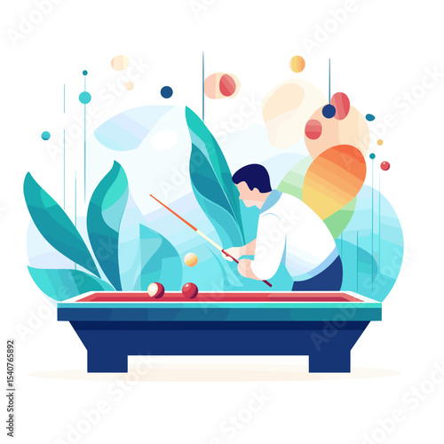 Man playing billiards with colorful background and tropical leaves  