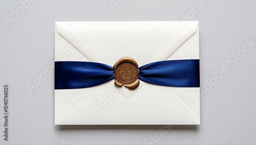 Elegant white envelope with blue ribbon and gold wax seal - Wedding invitation, luxury stationery, formal letter
