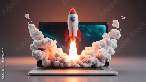 Fototapeta Naklejka Na Ścianę i Meble -  A digital illustration of a white and red rocket ship launching from a laptop screen