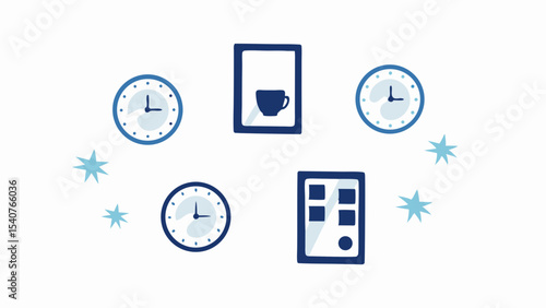 Illustration of clocks, a framed cup, a calendar and stars arranged in a circular pattern
