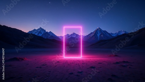 Pink neon portal in a mountain desert landscape at night | Surreal fantasy digital art with glowing gateway and stars