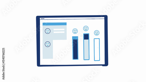 Illustration of a dashboard interface with charts and user feedback icons displayed on screen