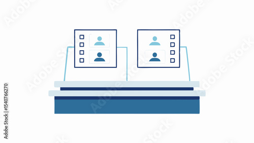 Two frames display profiles with checkboxes on a blue and white platform in a simple illustration style