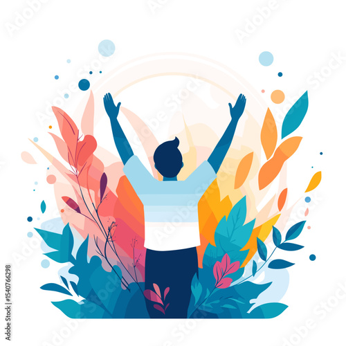 Young man celebrating with raised arms in vibrant floral illustration  