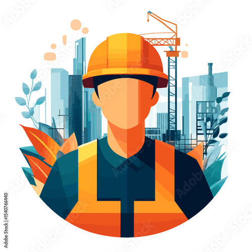 Construction worker in helmet with city skyline background  