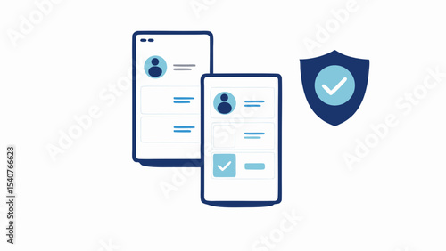 Two mobile phones showing user profiles with a security shield and check mark icon nearby