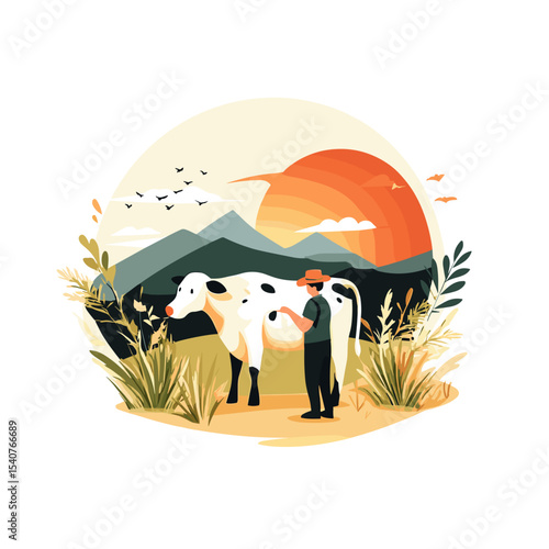 Farmer standing beside cow in fields during sunset  
