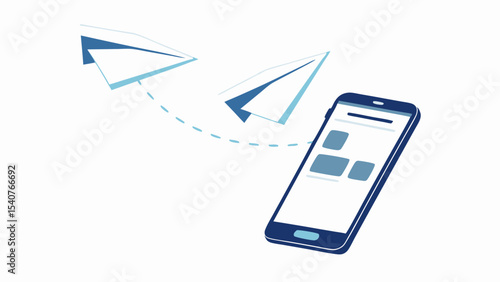 Illustration of paper planes flying from a smartphone screen with a simple interface design shown