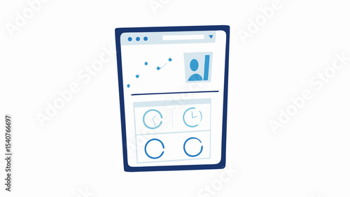 Illustration of a tablet displaying charts, graphs, and user profile information clearly visible