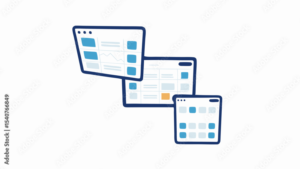 Three overlapping web browser windows displaying different data visualizations and layouts Three overlapping web browser windows displaying different data visualizations and layouts