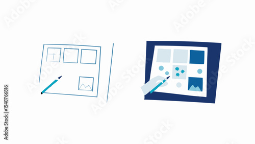 Illustration of a tablet and paper with sketches and a stylus for digital design concept creation