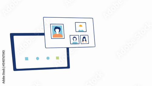 A digital tablet showing a video conference with four participants in a floating window view