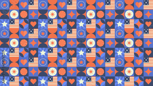 Geometric Patriotic Pattern With American Flags, Hearts, and Stars